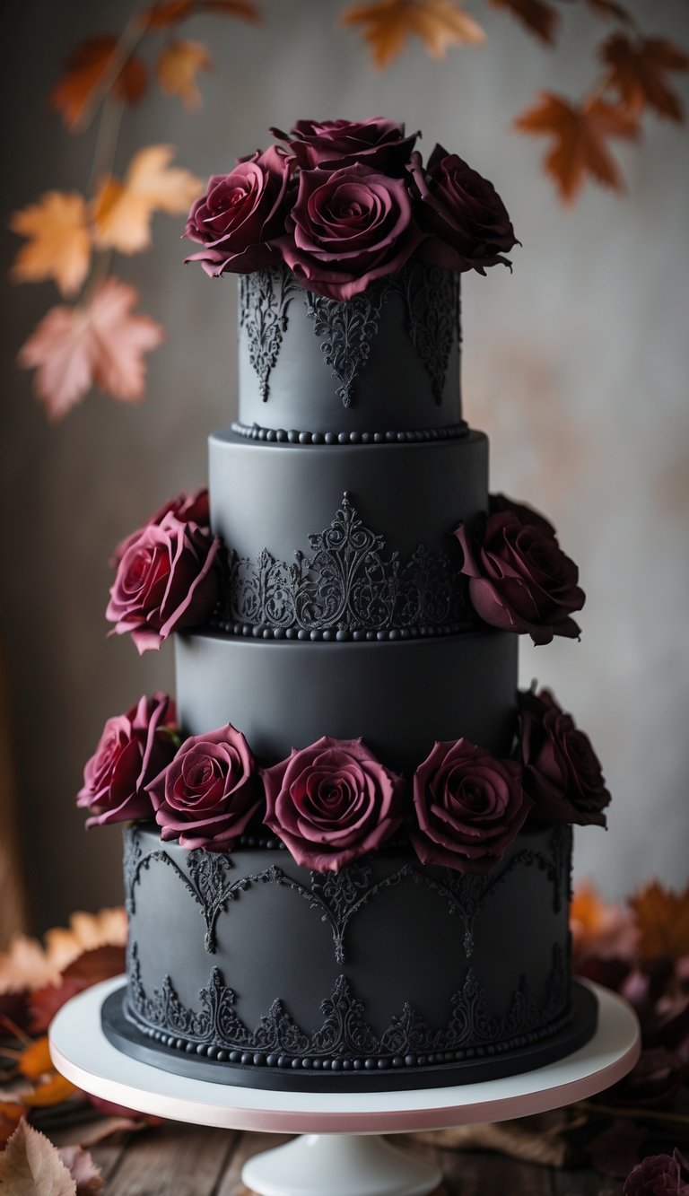 A multi-tiered black wedding cake decorated with deep red roses on a wooden table with a warm autumn background.